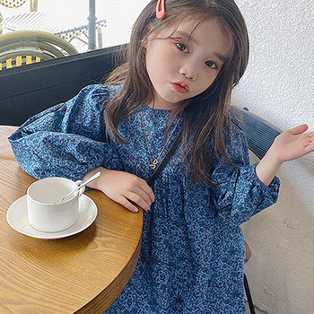 Ανοιξιάτικο καλοκαιρινό φόρεμα κοριτσιών Κορεατικού στυλ με μακρύ μανίκι, χαριτωμένο φλοράλ φόρεμα με στρογγυλή λαιμόκοψη Παιδικά ρούχα για κορίτσια