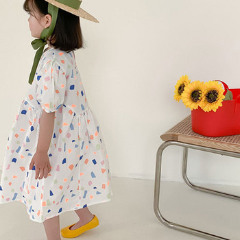 Καλοκαιρινό φόρεμα για κορίτσια Γλυκό στυλ Γεωμετρικό σχέδιο Puff μανίκι Πριγκίπισσα Φόρεμα Βρεφικά Παιδικά Ρούχα Παιδικά Ρούχα