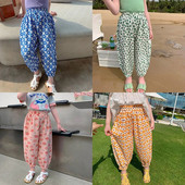 Tüdrukute elastne vöökoht püksid lastele lõdva lilleprintiga vabaaja dressipüksid armsad lapsed kevadsuvised püksid Korea beebi šifoon