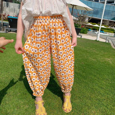 Tüdrukute elastne vöökoht püksid lastele lõdva lilleprintiga vabaaja dressipüksid armsad lapsed kevadsuvised püksid Korea beebi šifoon