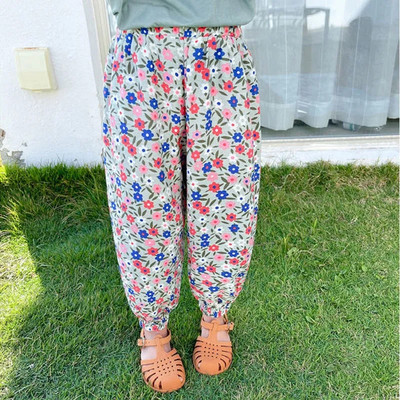 Tüdrukute elastne vöökoht püksid lastele lõdva lilleprintiga vabaaja dressipüksid armsad lapsed kevadsuvised püksid Korea beebi šifoon