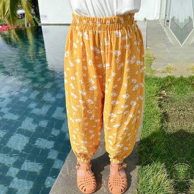 Tüdrukute elastne vöökoht püksid lastele lõdva lilleprintiga vabaaja dressipüksid armsad lapsed kevadsuvised püksid Korea beebi šifoon