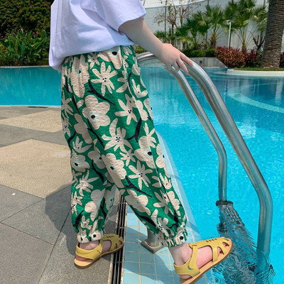 Tüdrukute elastne vöökoht püksid lastele lõdva lilleprintiga vabaaja dressipüksid armsad lapsed kevadsuvised püksid Korea beebi šifoon