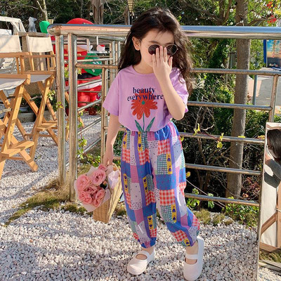 Tüdrukute elastne vöökoht püksid lastele lõdva lilleprintiga vabaaja dressipüksid armsad lapsed kevadsuvised püksid Korea beebi šifoon