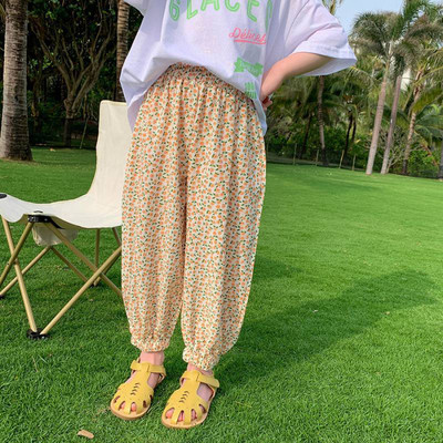 Tüdrukute elastne vöökoht püksid lastele lõdva lilleprintiga vabaaja dressipüksid armsad lapsed kevadsuvised püksid Korea beebi šifoon