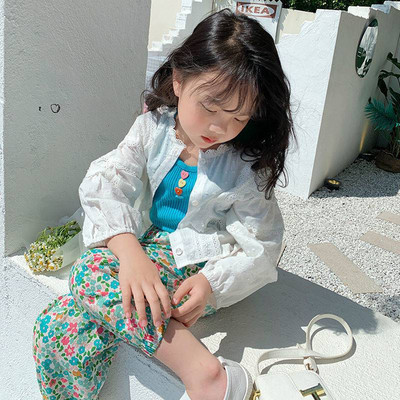 Tüdrukute elastne vöökoht püksid lastele lõdva lilleprintiga vabaaja dressipüksid armsad lapsed kevadsuvised püksid Korea beebi šifoon