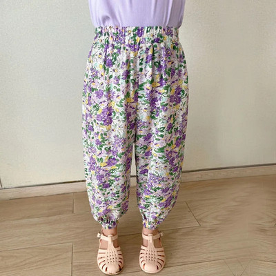 Tüdrukute elastne vöökoht püksid lastele lõdva lilleprintiga vabaaja dressipüksid armsad lapsed kevadsuvised püksid Korea beebi šifoon