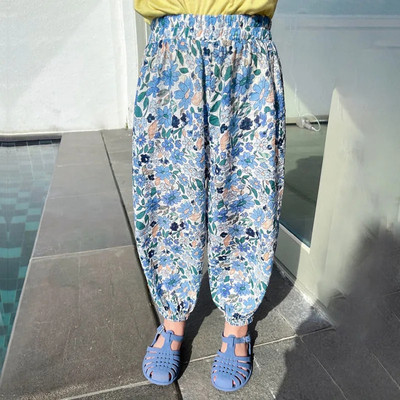 Tüdrukute elastne vöökoht püksid lastele lõdva lilleprintiga vabaaja dressipüksid armsad lapsed kevadsuvised püksid Korea beebi šifoon