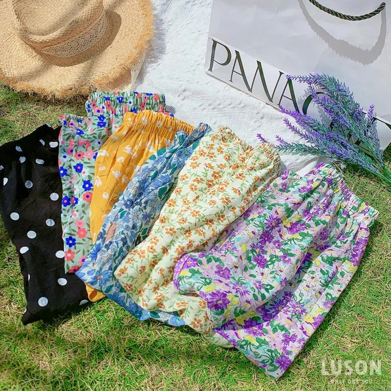 Tüdrukute elastne vöökoht püksid lastele lõdva lilleprintiga vabaaja dressipüksid armsad lapsed kevadsuvised püksid Korea beebi šifoon