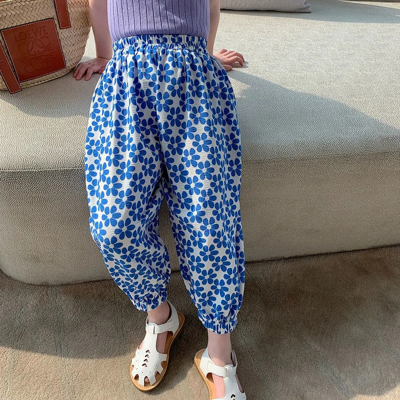 Tüdrukute elastne vöökoht püksid lastele lõdva lilleprintiga vabaaja dressipüksid armsad lapsed kevadsuvised püksid Korea beebi šifoon