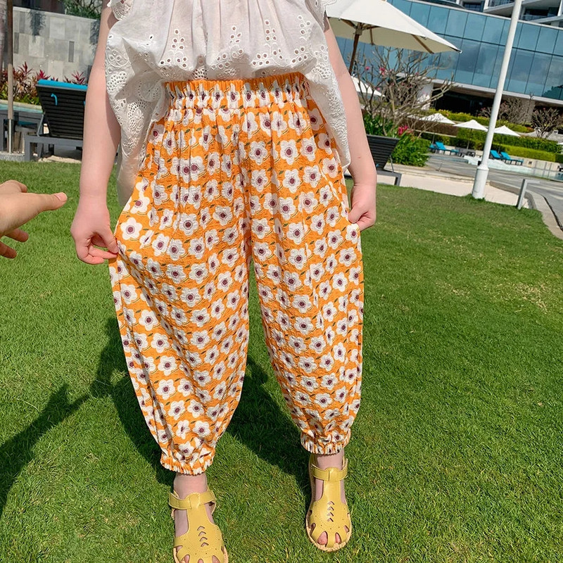 Tüdrukute elastne vöökoht püksid lastele lõdva lilleprintiga vabaaja dressipüksid armsad lapsed kevadsuvised püksid Korea beebi šifoon