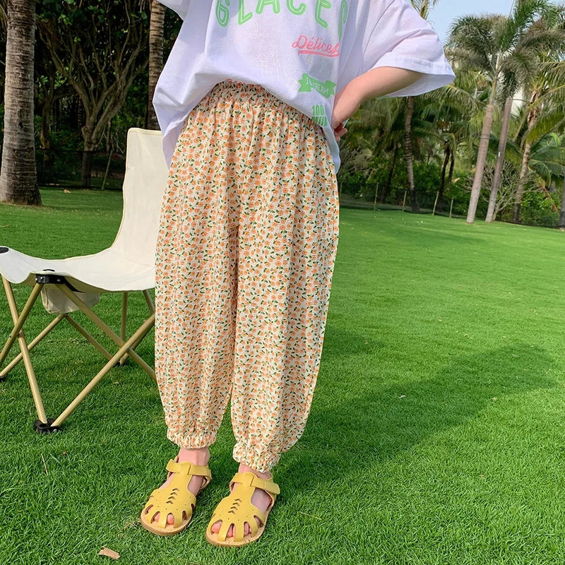 Tüdrukute elastne vöökoht püksid lastele lõdva lilleprintiga vabaaja dressipüksid armsad lapsed kevadsuvised püksid Korea beebi šifoon