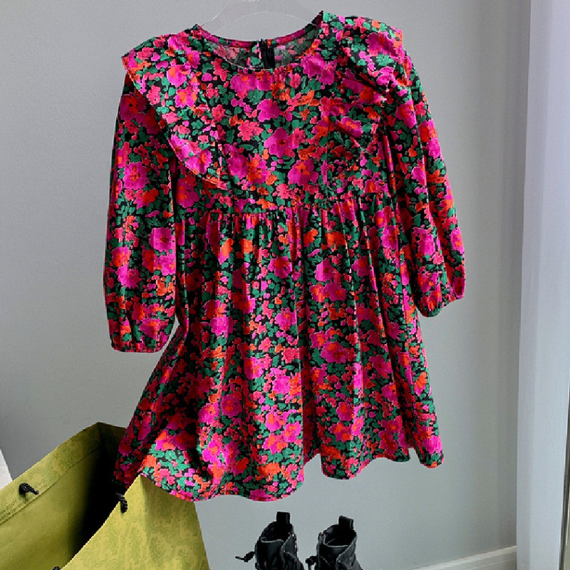 Φορέματα για κορίτσια Άνοιξη φθινόπωρο Νέο λουλούδι μακρυμάνικο φόρεμα πριγκίπισσας με πλισέ ραφές Παιδικά ρούχα σε ποιμαντικό στυλ