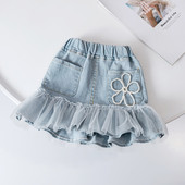 Slatke perle Traper suknje visokog struka za djecu Djevojčice Ljetna modna jeans suknja s volanima od tila Patchwork Dječje suknje od 2 do 6 godina