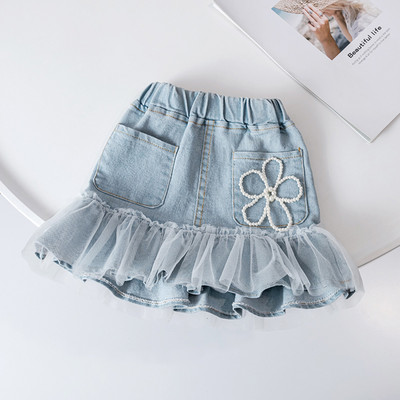 Slatke perle Traper suknje visokog struka za djecu Djevojčice Ljetna modna jeans suknja s volanima od tila Patchwork Dječje suknje od 2 do 6 godina