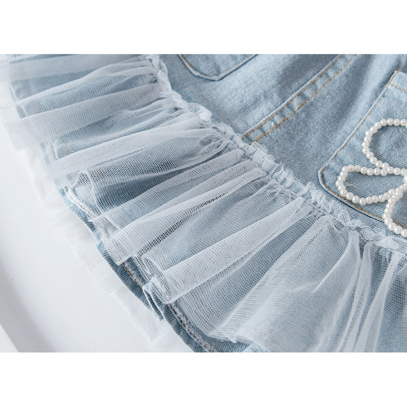 Slatke perle Traper suknje visokog struka za djecu Djevojčice Ljetna modna jeans suknja s volanima od tila Patchwork Dječje suknje od 2 do 6 godina