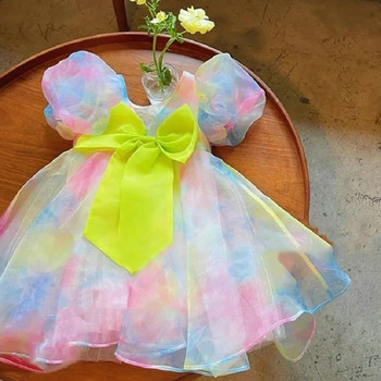 Καλοκαιρινό φόρεμα για κορίτσια Παιδικά ρούχα 2022 Παιδικά μωρά Χαριτωμένα ρούχα πολύχρωμο κίτρινο φιόγκο με πλέγμα φουσκωτό μανίκι Princess Evening Vestidos
