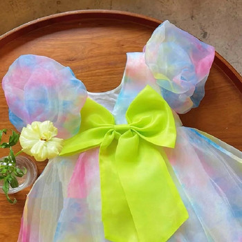 Καλοκαιρινό φόρεμα για κορίτσια Παιδικά ρούχα 2022 Παιδικά μωρά Χαριτωμένα ρούχα πολύχρωμο κίτρινο φιόγκο με πλέγμα φουσκωτό μανίκι Princess Evening Vestidos
