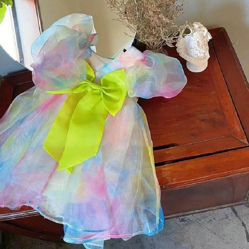 Rochie de vară pentru fete Îmbrăcăminte pentru copii 2022 pentru bebeluși copii ținută drăguță cu fundă galbenă colorată plasă cu mâneci bufante prințesă rochii de seară