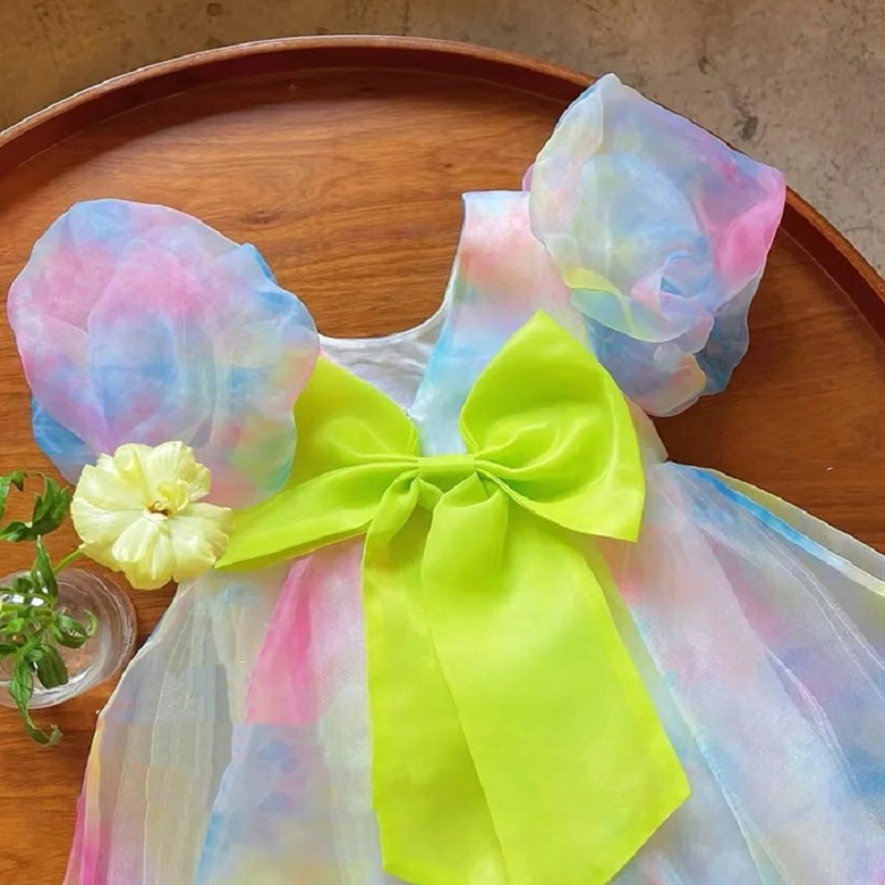 Rochie de vară pentru fete Îmbrăcăminte pentru copii 2022 pentru bebeluși copii ținută drăguță cu fundă galbenă colorată plasă cu mâneci bufante prințesă rochii de seară