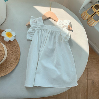 Κοντό μανίκι καλοκαιρινό φόρεμα για κορίτσια Little Fresh Παιδικό βολάν Edge Λευκό T-shirt Φόρεμα από καθαρό βαμβάκι Little Flying Sleeve φόρεμα