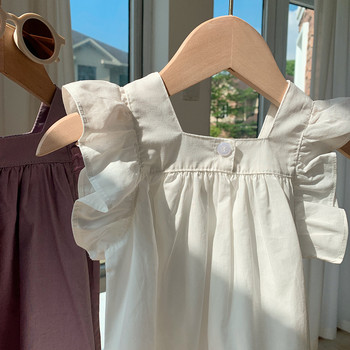 Κοντό μανίκι καλοκαιρινό φόρεμα για κορίτσια Little Fresh Παιδικό βολάν Edge Λευκό T-shirt Φόρεμα από καθαρό βαμβάκι Little Flying Sleeve φόρεμα