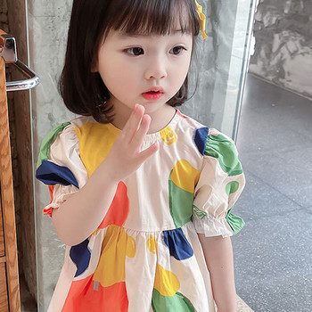 Καλοκαιρινό φόρεμα κοριτσιών Κορεάτικο στυλ Γλυκό χρώμα γκράφιτι με κουκκίδες μανίκι με φούσκα Φόρεμα Παιδικά ρούχα Παιδικά ρούχα