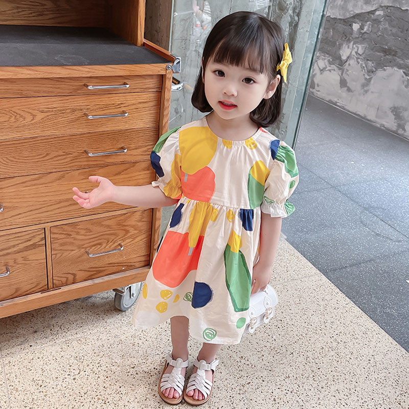 Ljetna haljina za djevojčice u korejskom stilu, slatke boje, grafiti, točkice, volani, haljina s mjehurićima, dječja odjeća, dječja odjeća
