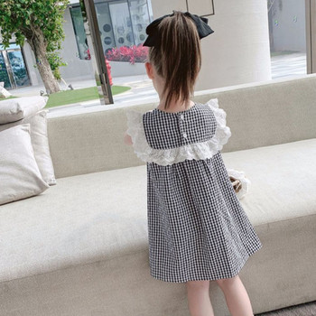 Καλοκαιρινό φόρεμα για κορίτσια καρό κοστούμια δαντέλα με κοντό μανίκι Γλυκό φόρεμα πριγκίπισσας Κορεάτικο στυλ μωρό Παιδικά ρούχα για κορίτσι