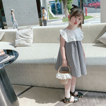 Καλοκαιρινό φόρεμα για κορίτσια καρό κοστούμια δαντέλα με κοντό μανίκι Γλυκό φόρεμα πριγκίπισσας Κορεάτικο στυλ μωρό Παιδικά ρούχα για κορίτσι