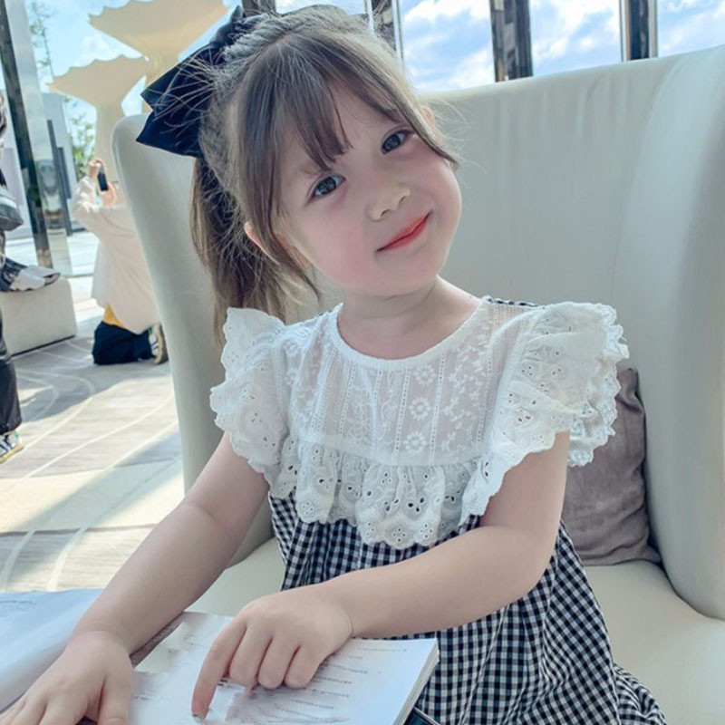 Ljetna haljina za djevojčice, karirani kostimi od čipke kratkih rukava, slatka haljina princeze u korejskom stilu, dječja dječja odjeća za djevojčice