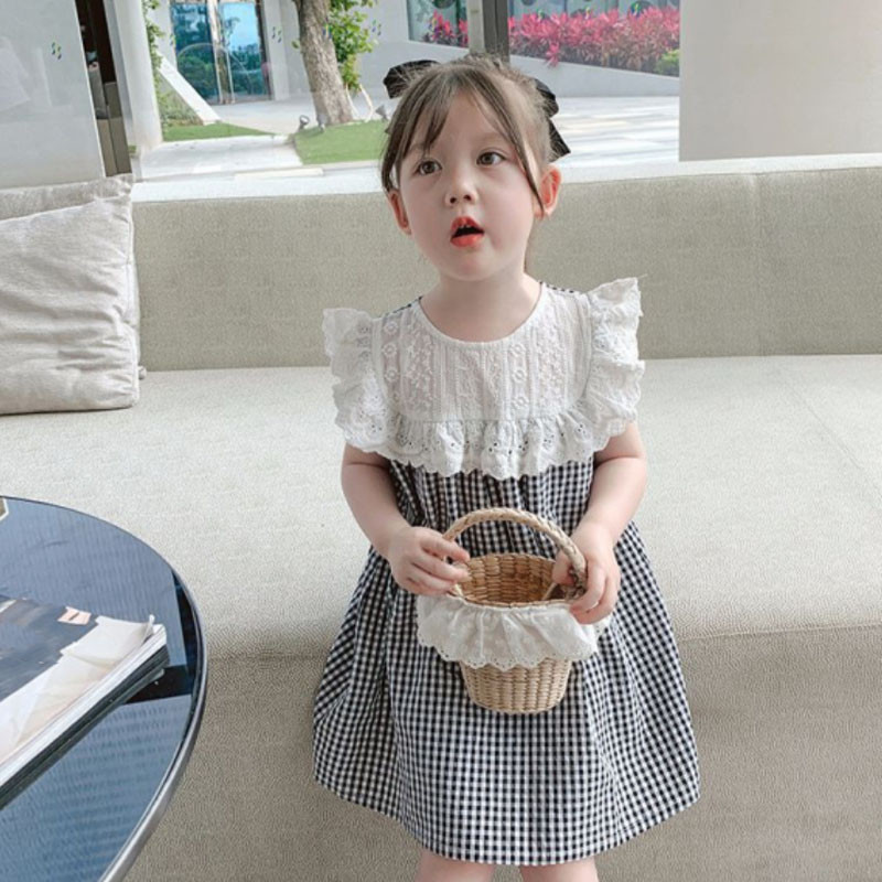 Ljetna haljina za djevojčice, karirani kostimi od čipke kratkih rukava, slatka haljina princeze u korejskom stilu, dječja dječja odjeća za djevojčice