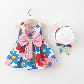 Baby girl Idyllic Princess Dress Summer New Cotton Sling Flower Print Φόρεμα για νήπια Αμάνικο φόρεμα παραλίας+καπέλο Παιδικά ρούχα