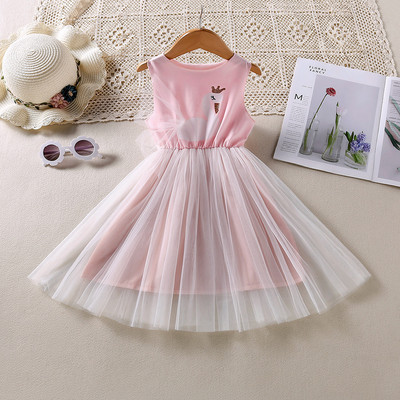 2022 Νέα καλοκαιρινά φορέματα για κορίτσια με ραφές κινουμένων σχεδίων διχτυωτό αμάνικο γιλέκο Φόρεμα Απλή μόδα Χαριτωμένα παιδικά παιδικά ρούχα