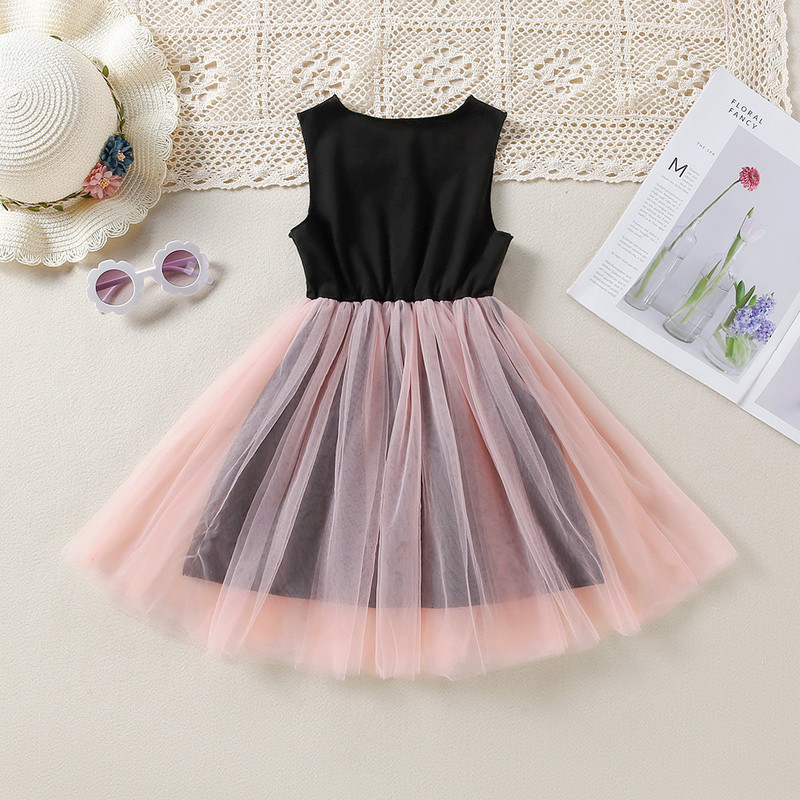 2022 Νέα καλοκαιρινά φορέματα για κορίτσια με ραφές κινουμένων σχεδίων διχτυωτό αμάνικο γιλέκο Φόρεμα Απλή μόδα Χαριτωμένα παιδικά παιδικά ρούχα