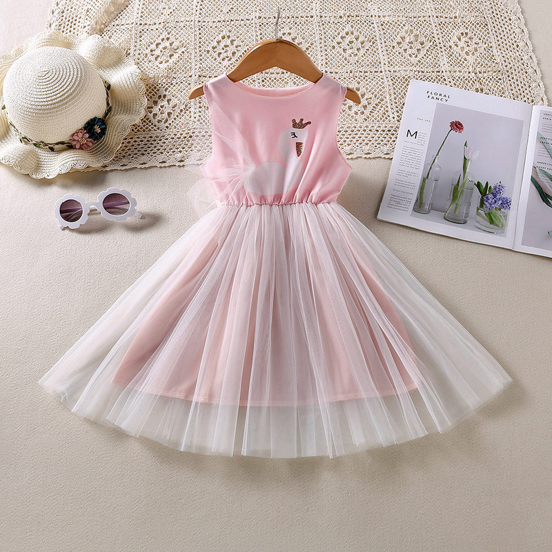 2022 Νέα καλοκαιρινά φορέματα για κορίτσια με ραφές κινουμένων σχεδίων διχτυωτό αμάνικο γιλέκο Φόρεμα Απλή μόδα Χαριτωμένα παιδικά παιδικά ρούχα