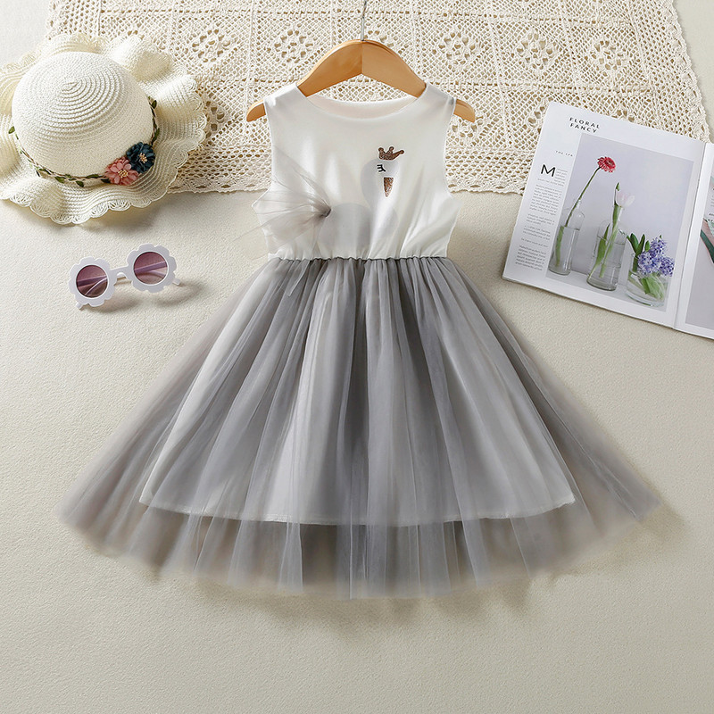 2022 Νέα καλοκαιρινά φορέματα για κορίτσια με ραφές κινουμένων σχεδίων διχτυωτό αμάνικο γιλέκο Φόρεμα Απλή μόδα Χαριτωμένα παιδικά παιδικά ρούχα