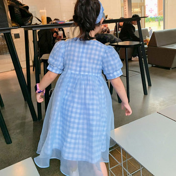 Καλοκαιρινό Νέο Κοριτσίστικο Φόρεμα Φιόγκος Πουφ Μανίκι Καφασωτό Γάζα Μουντό Πριγκίπισσα Φόρεμα+Κεφαλόδεσμο Παιδικά Βρεφικά Παιδικά Ρούχα για Κορίτσια