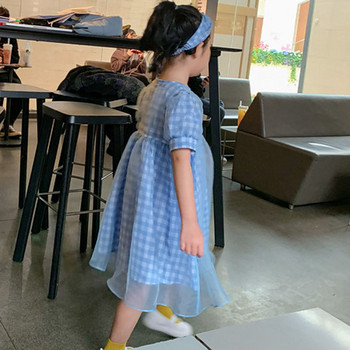 Καλοκαιρινό Νέο Κοριτσίστικο Φόρεμα Φιόγκος Πουφ Μανίκι Καφασωτό Γάζα Μουντό Πριγκίπισσα Φόρεμα+Κεφαλόδεσμο Παιδικά Βρεφικά Παιδικά Ρούχα για Κορίτσια