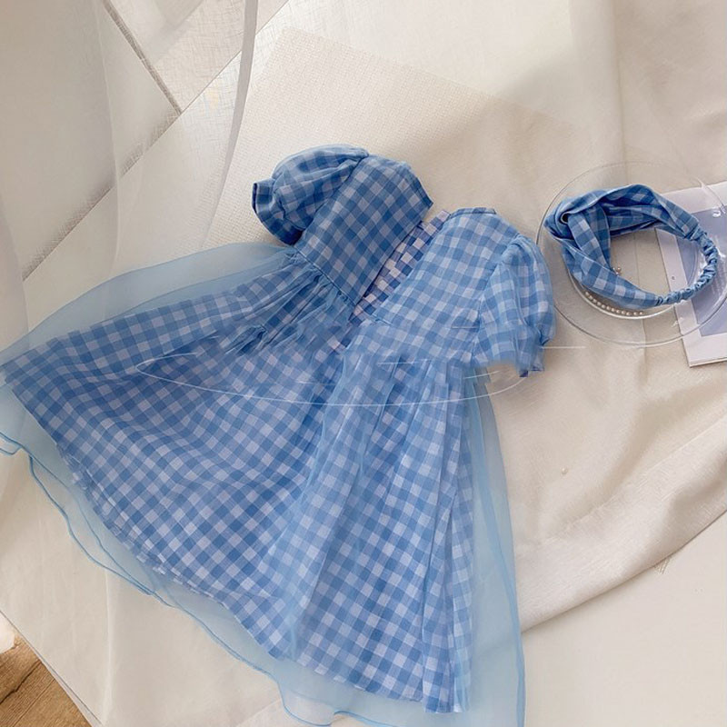 Suvine uus tüdrukute kleit Bow Puff varrukatega võrega marli Hägune printsesskleit + peapael Laste beebiriided tüdrukutele