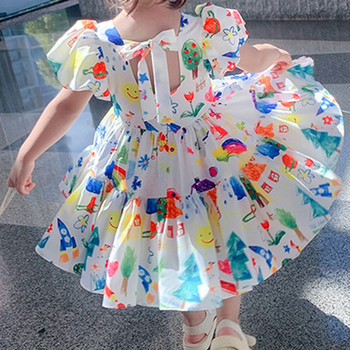 Καλοκαιρινό φόρεμα για κορίτσια 2022 Νέο φουσκωτό μανίκι Casual Cartoon Φόρεμα Πριγκίπισσας Χαριτωμένα παιδικά ρούχα Παιδικά παιδικά ρούχα για κορίτσια