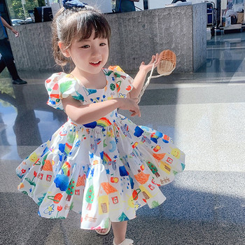 Καλοκαιρινό φόρεμα για κορίτσια 2022 Νέο φουσκωτό μανίκι Casual Cartoon Φόρεμα Πριγκίπισσας Χαριτωμένα παιδικά ρούχα Παιδικά παιδικά ρούχα για κορίτσια