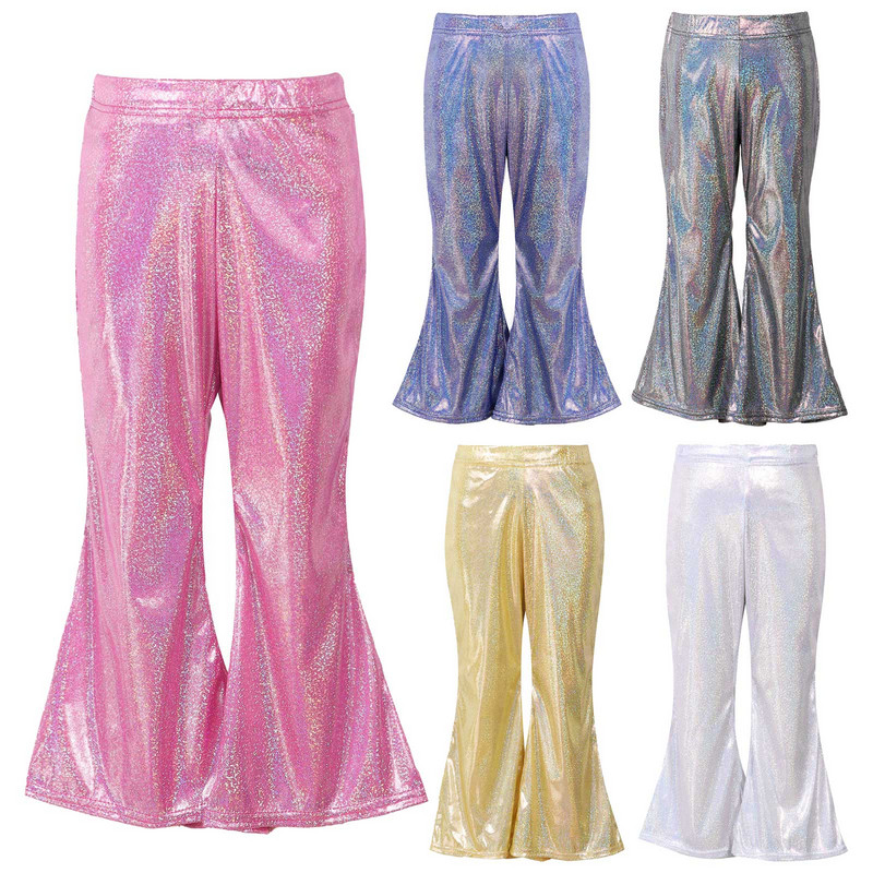 Lastele tüdrukutele läikivad metallist sädelevad püksid, elastne vöökoht, lai jalg, kellukese põhjaga ballisaalipüksid lavale peokarnevaliks