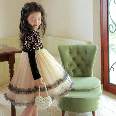 Tüdrukute mullivarrukatega kleit pikkade varrukatega sädelev litriga võrkkleit Naiste peokleit printsesskleit laste sügiskleit