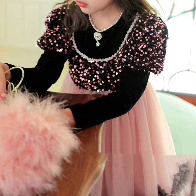 Tüdrukute mullivarrukatega kleit pikkade varrukatega sädelev litriga võrkkleit Naiste peokleit printsesskleit laste sügiskleit