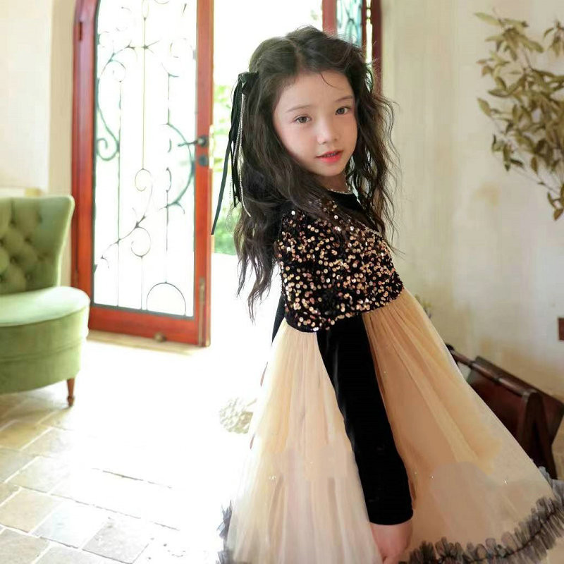 Tüdrukute mullivarrukatega kleit pikkade varrukatega sädelev litriga võrkkleit Naiste peokleit printsesskleit laste sügiskleit