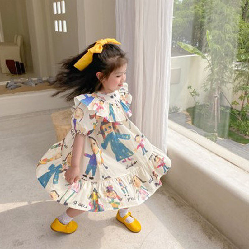 Φορέματα για κορίτσια με βολάν κοντομάνικα κινούμενα σχέδια Γλυκό φόρεμα μόδας για κορίτσια Παιδικά ρούχα ακανόνιστα φορέματα για κορίτσια Παιδικά ρούχα για κορίτσια