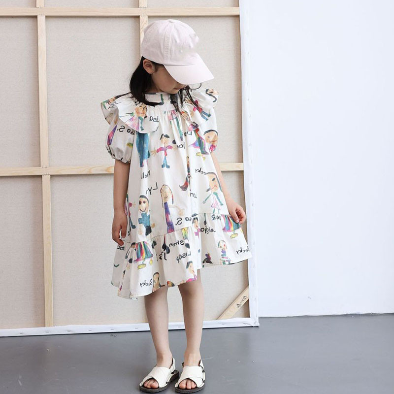 Φορέματα για κορίτσια με βολάν κοντομάνικα κινούμενα σχέδια Γλυκό φόρεμα μόδας για κορίτσια Παιδικά ρούχα ακανόνιστα φορέματα για κορίτσια Παιδικά ρούχα για κορίτσια