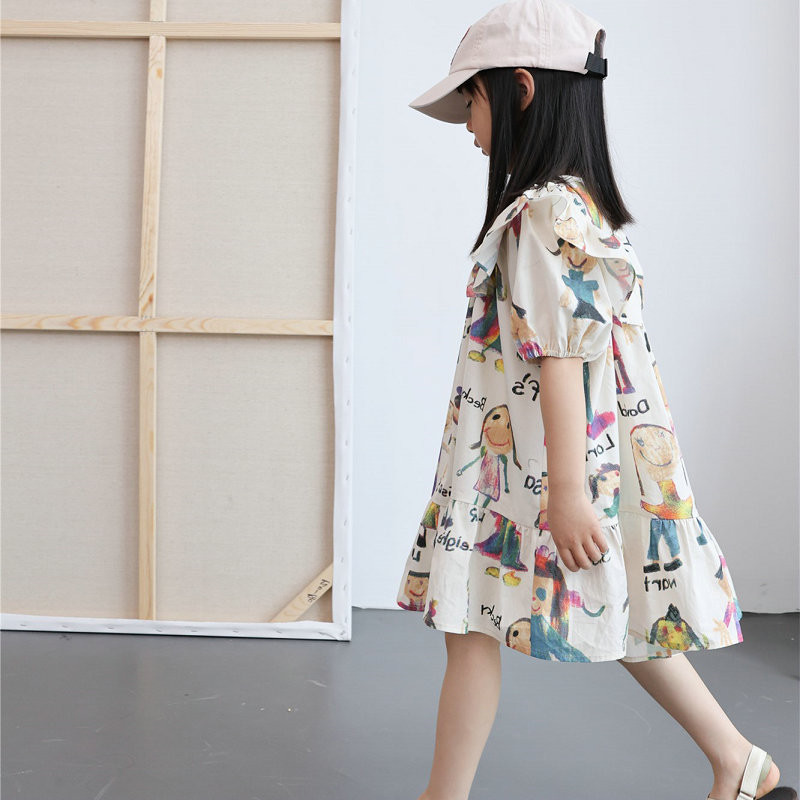 Φορέματα για κορίτσια με βολάν κοντομάνικα κινούμενα σχέδια Γλυκό φόρεμα μόδας για κορίτσια Παιδικά ρούχα ακανόνιστα φορέματα για κορίτσια Παιδικά ρούχα για κορίτσια