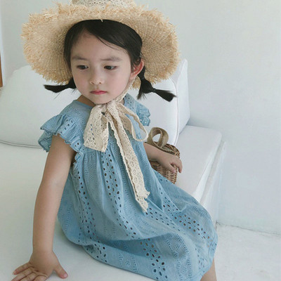 Suvine tüdrukute kleit Korea pühade vabaaja ühevärviline armas õõnes lendav varrukas pits Printsessi kleit beebile lastele lasteriided